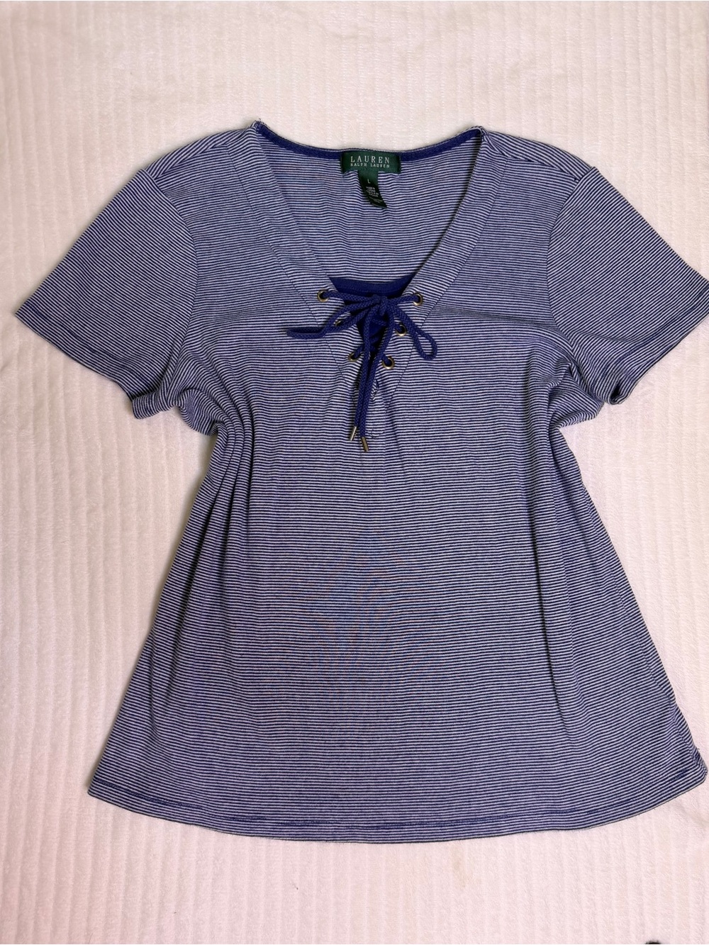 Lauren Ralph Lauren Blue Striped Lace-Up V-Neck Tee Short Sleeve Size L